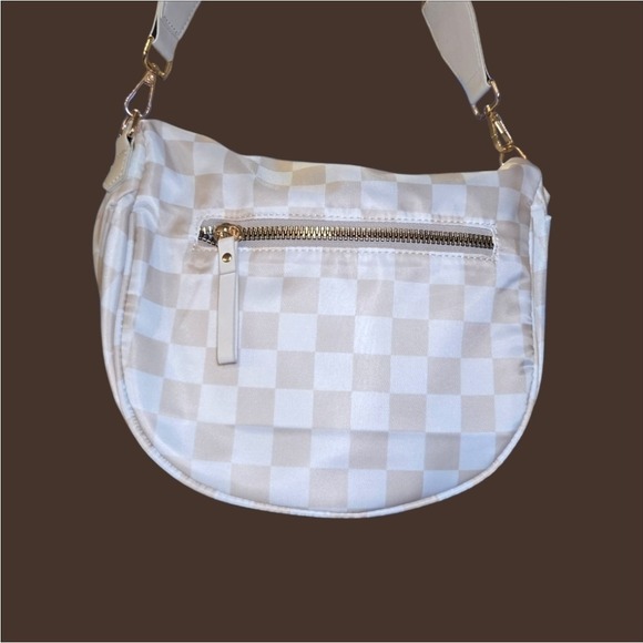 Beige Checkered Crossbody Bag Nylon Gold Hardware Adjustable Wide Strap Bum... - Picture 8 of 13
